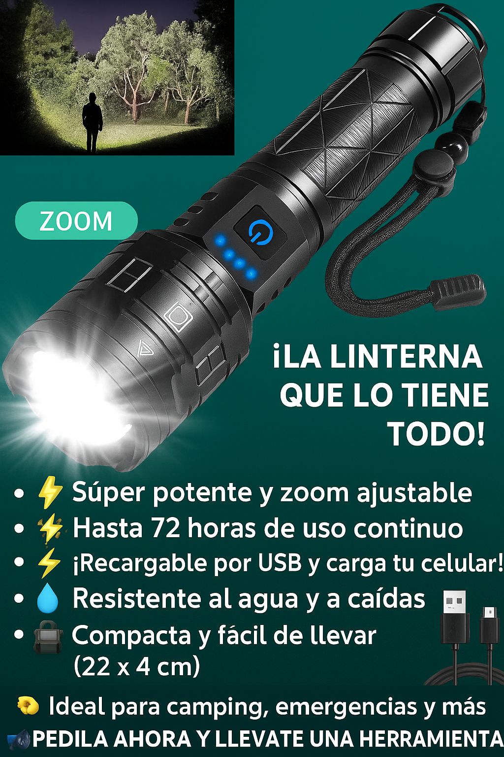 Linterna Potente Recargable Con Zoom